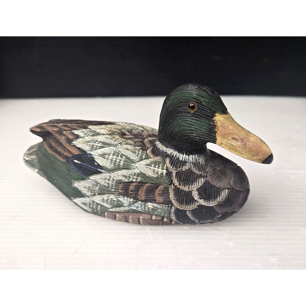 Vintage Hand Carved Wood Mallard Duck Decoy Figurine Painted Glass Eyes 6”